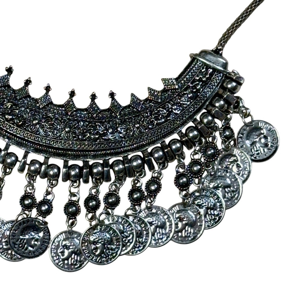Boho Oxidized Silver Tone Tribal Coin Fringe Bib Necklace Statement Choker - Picture 4 of 14